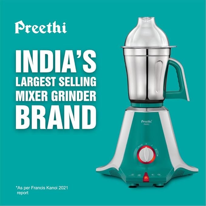 Preethi Aries MG 216 mixer grinder 750 watt, Green, 4 Jars, Vega W5 motor with 5yr Warranty & Lifelong Free Service