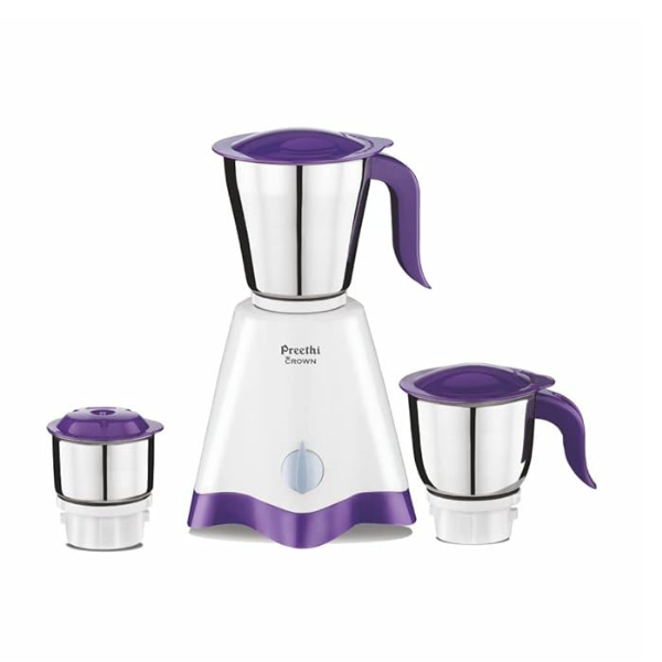 Preethi Crown MG-205 Mixer Grinder, 500 watt, White/Purple, 3 Jars with 5 yr Motor Warranty & Lifelong Free Service, Stainless Steel